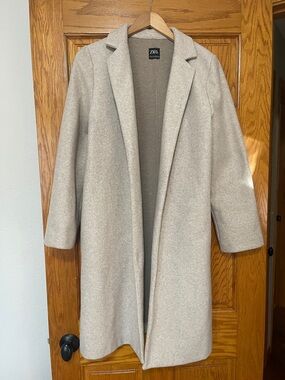 Zara Cream polyester Long Coat with pockets